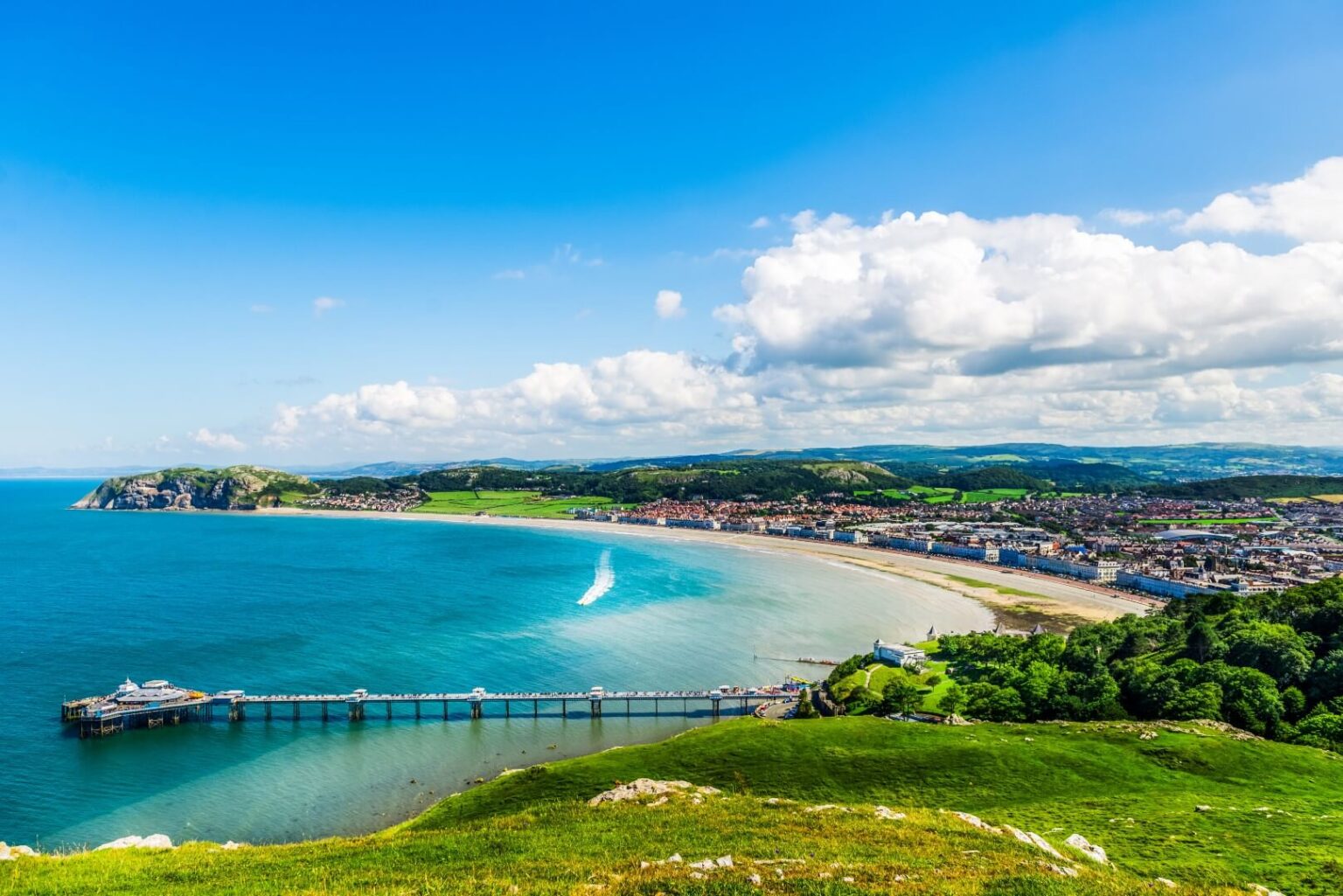Llandudno bay and the Great Orme from above, with the promenade and North Shore beach